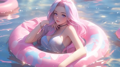 清凉夏日泳池少女