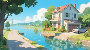 清新溪边小屋
