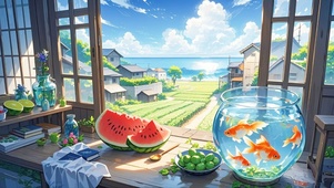 夏天西瓜金鱼和大海