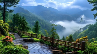 护眼雨中山间栈道