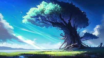 4K唯美梦幻田野巨树