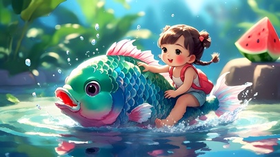 创意动漫小女孩骑着大鲤鱼游泳