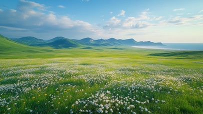 绿色护眼海边连绵山丘