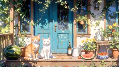 治愈夏日乡村门前小猫