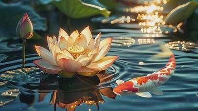 自然风景荷花池塘锦鲤风水好运