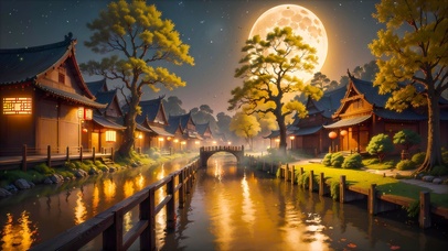 古风夜晚圆月小镇