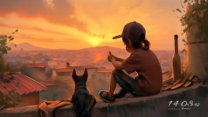 夕阳下想念打工父母的留守少年