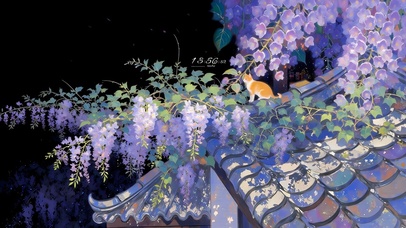 屋顶紫藤花猫咪