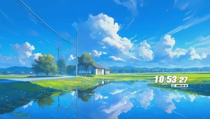 蓝天白云树木河流景色