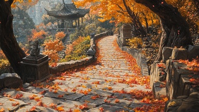 秋日落叶古镇石板路