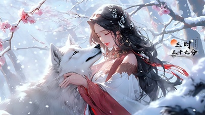 雪中与狼惜别的少女