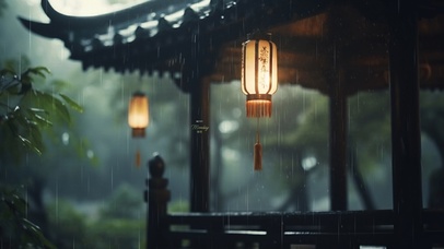 4K古风亭中观雨