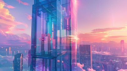 晚霞中的玻璃巨塔