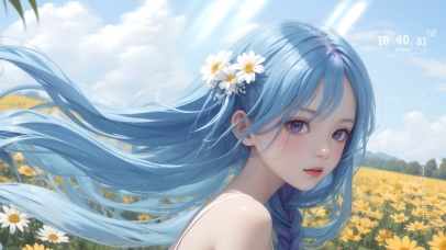 小雏菊花田蓝发女孩