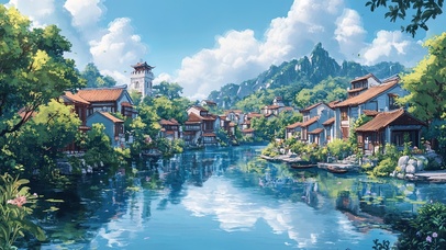 清新夏日水乡古镇清晨