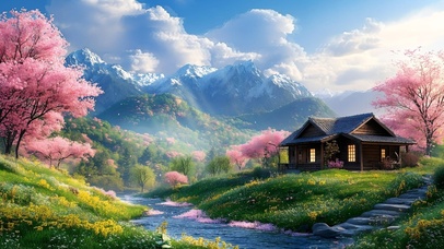 山间樱花溪水房屋