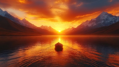 火烧云雪山湖泊泛舟