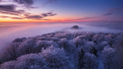 朝霞云雾雪天雾凇