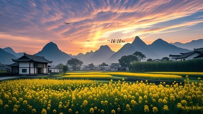 唯美晚霞油菜花田