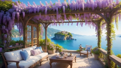 海边紫藤花小屋