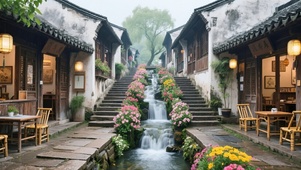 细雨溪流古镇