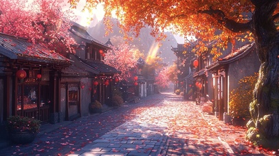 秋叶落花唯美古镇