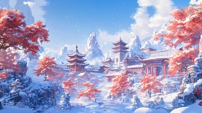 冬日雪中森林古镇