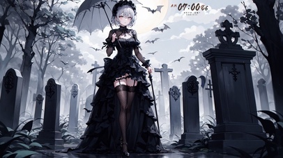 4k墓地蝙蝠白毛黑色恶魔美少女