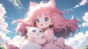 蓝天下女孩和她的小猫