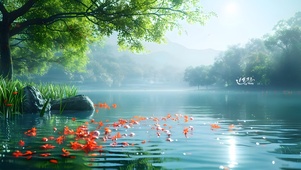 清新湖水绿叶