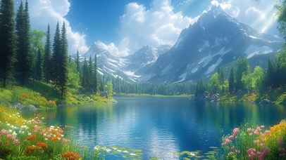 山林花海与湖光