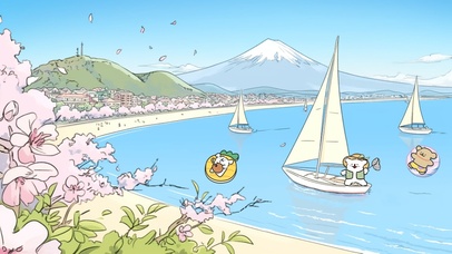 可爱线条快乐小狗海边樱花富士山
