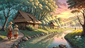 傍晚夕阳下的乡村溪边小屋