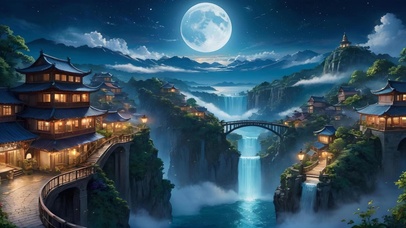 夜晚瀑布旁的村落