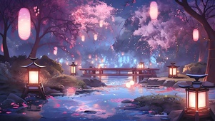 夜晚樱花河畔