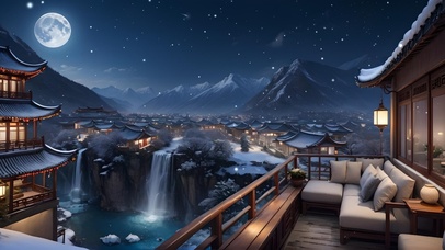 冬夜瀑布中式村落