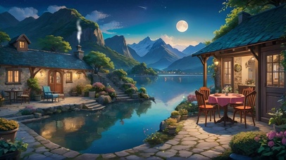 夜晚湖边温馨小屋