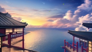 傍晚海边日式小屋