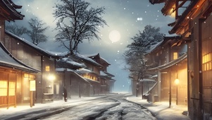 夜晚雪中村庄