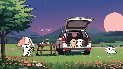 可爱线条小狗夏夜露营