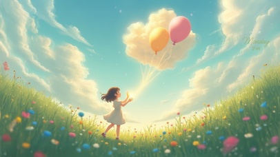 唯美草地气球女孩