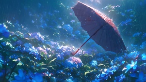 雨天花丛中的伞