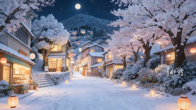 夜晚雪景樱花小镇