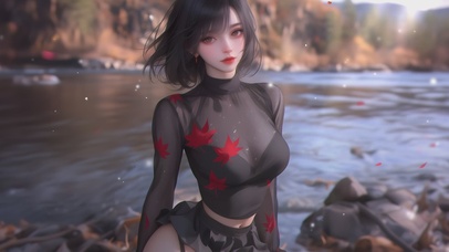 河边可爱短发女孩