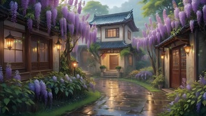雨中紫藤花小屋