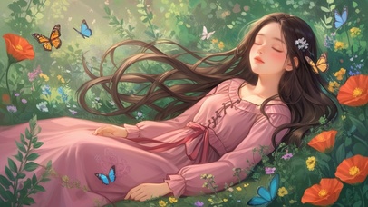 花丛午休的少女