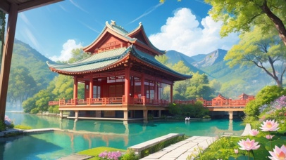 湖边的荷花古风建筑