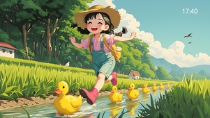 赶鸭子的女孩