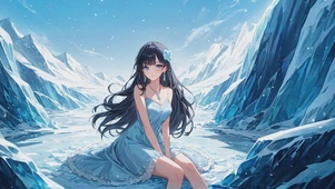 蓝色连衣裙冰原上的卡通少女4k