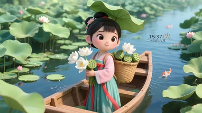 夏天荷塘采莲少女